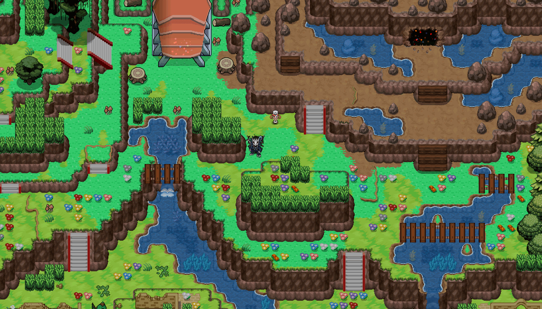Waterfalls, bridges, grassy terraces, and a cavern entrance on PBO’s Palkia Crew Wars map
