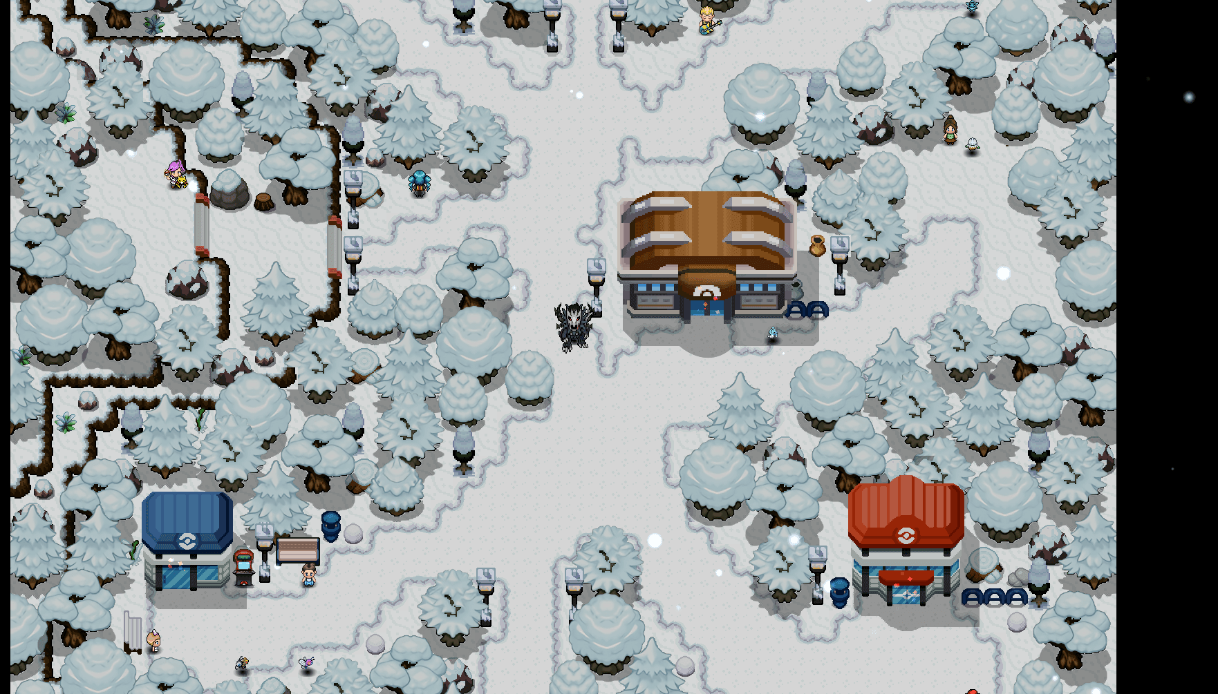 Snow-covered trees, paths, and the gym in Snowpoint City in Pokémon Blaze Online