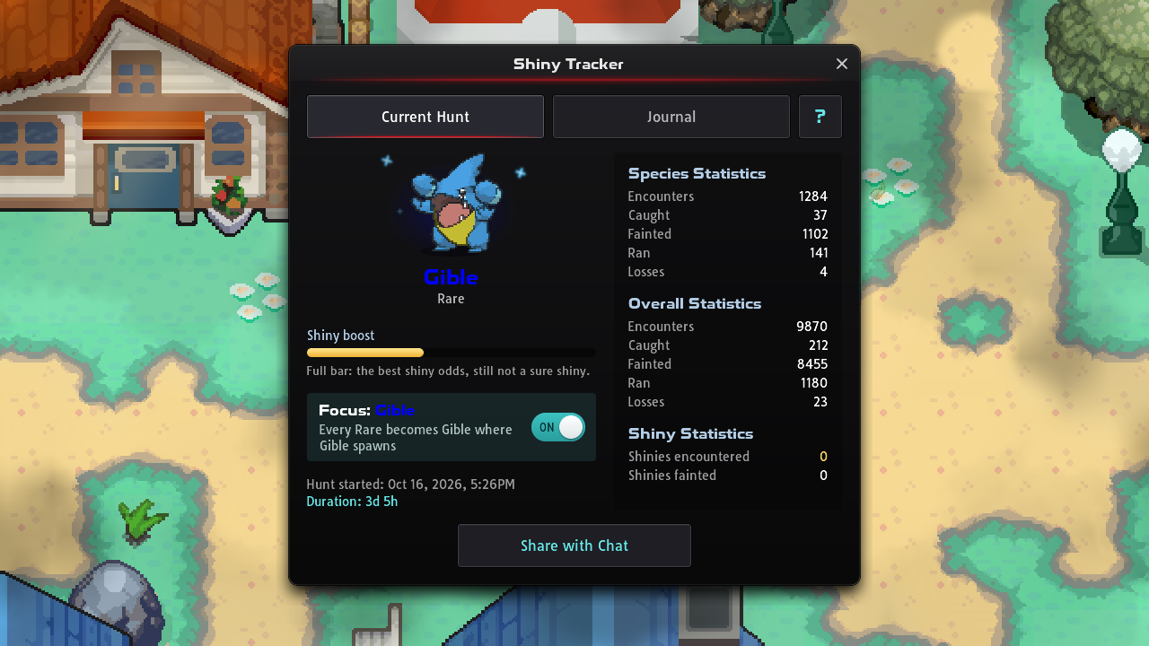 Pokémon Blaze Online Shiny Tracker showing target hunting options and progress