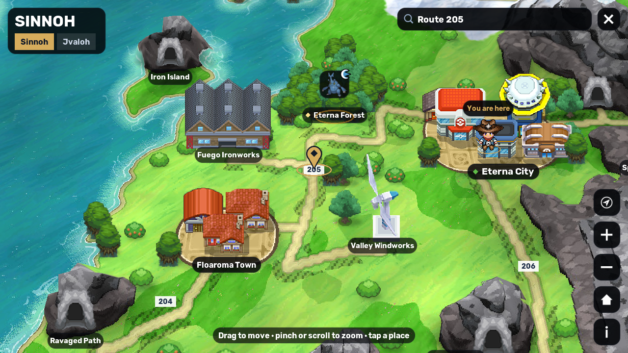 Pokémon Blaze Online’s tilted Sinnoh world map showing Eterna City, routes and landmarks